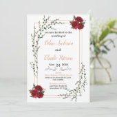 Carte Wedding Invitation, red rose  Gold  (Debout devant)