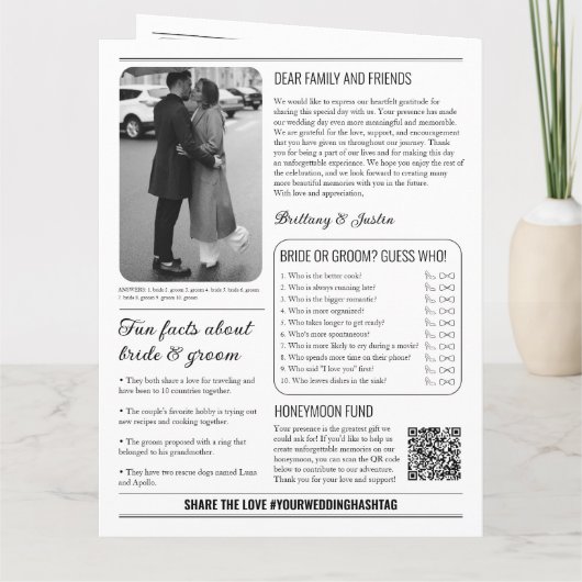 Carte Wedding Newspaper Program Classic Black & White  (Dos)