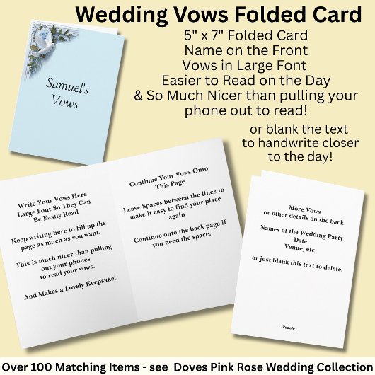 Carte Wedding Vows Folded Card Blue Roses & Doves