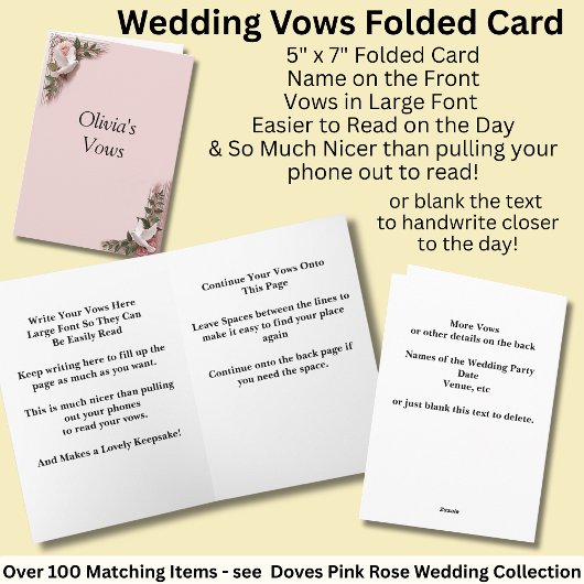 Carte Wedding Vows Folded Card Pink Roses & Doves