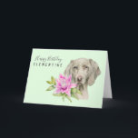 Carte Weimaraner Chien Aquarelle Anniversaire<br><div class="desc">Il s'agit d'une aquarelle d'un chien Weimaraner et d'un lis rose. Weimaraner est un gros chien qui était élevé pour la chasse. Elle a une belle robe argentée ou gris souris avec les yeux bleus. Ceci a été peint à la main sur Arches papier pressé chaud avec Daniel Smith aquarelle...</div>