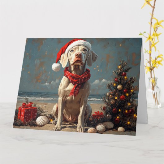 Carte Weimaraner Chien Noël Plage Vintage (Fleur jaune)