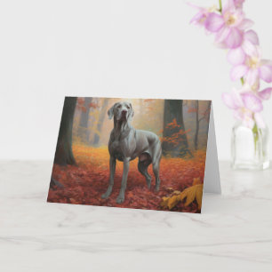Carte Weimaraner dans les feuilles d'automne qui tombent