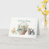 Carte Welcome Spring Flowers Basket, Bunnies, Duckling  (Fleur jaune)