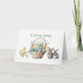 Carte Welcome Spring Flowers Basket, Bunnies, Duckling 