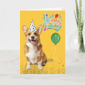 Carte Welsh Corgi Dog in a Party Hat on Yellow Birthday (Devant)