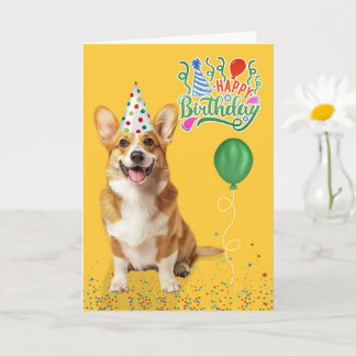 Carte Welsh Corgi Dog in a Party Hat on Yellow Birthday