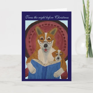 Carte Welsh Corgi lisant un conte de Noël à un chiot