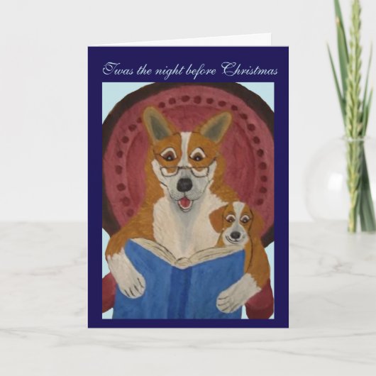 Carte Welsh Corgi lisant un conte de Noël à un chiot (Devant)