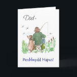 Carte Welsh Greeting Birthday Card for a Man: Fishing<br><div class="desc">A birthday card for papa, with the greeting in Welsh. The handpainted illustration, par Judy Adamson, is of a man fishing from a riverbank with his dog who is watching the dragonflies.</div>