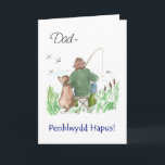 Carte Welsh Greeting Birthday Card for a Man: Fishing<br><div class="desc">A birthday card for papa,  with the greeting in Welsh. The handpainted illustration,  par Judy Adamson,  is of a man fishing from a riverbank with his dog who is watching the dragonflies.</div>