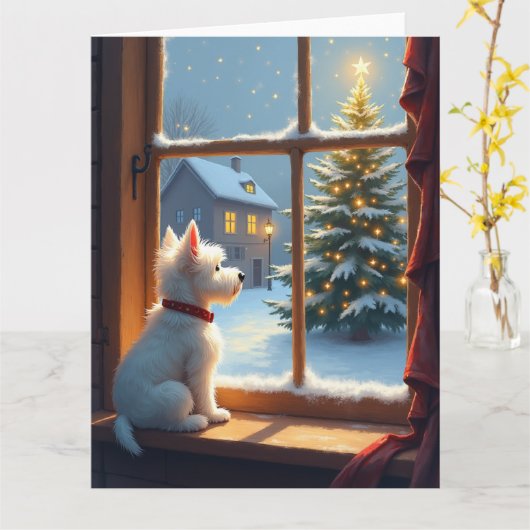 Carte West Highland White Terrier Christmas Morning View (Fleur jaune)