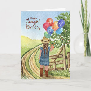 Carte Western Cowgirl avec Balloon Girl 4e anniversaire