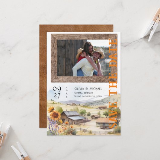 Carte Western Ranch Wedding Enregistrer la date (Devant/Arrière en situation)