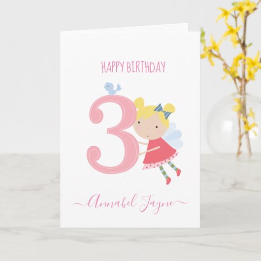 Carte Whimsical 3ème anniversaire fée, filles mignonette (Fleur jaune)