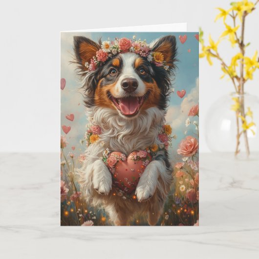 Carte Whimsical Australian Shepherd Valentine's Day (Fleur jaune)
