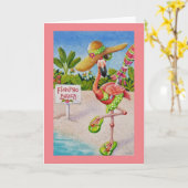 Carte Whimsical Beach Babe Flamant rose rose n° 2 Art (Fleur jaune)
