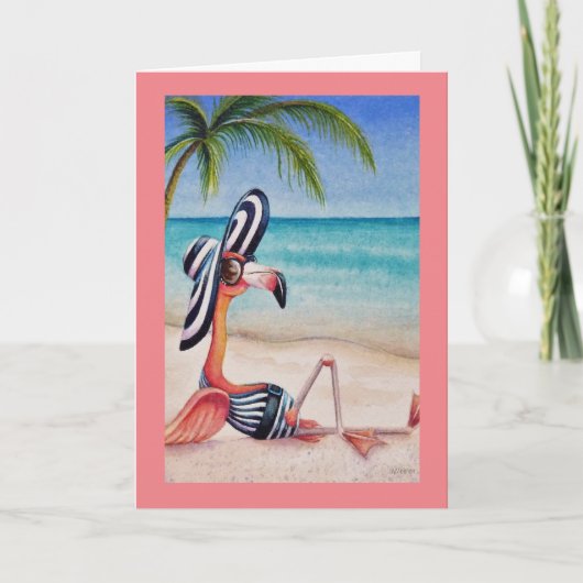 Carte Whimsical Beach Babe Flamant rose rose No 1 Art (Devant)