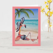 Carte Whimsical Beach Babe Flamant rose rose No 1 Art (Fleur jaune)