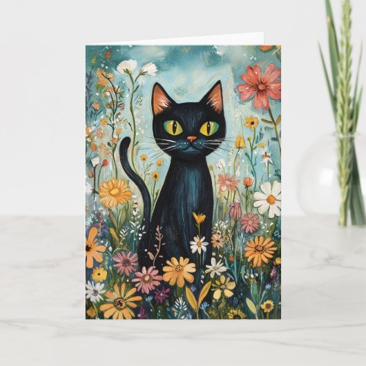 Carte Whimsical Black Cat avec illustration Fleur sauvag (Devant)