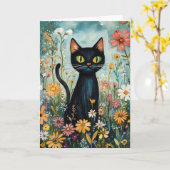 Carte Whimsical Black Cat avec illustration Fleur sauvag (Fleur jaune)