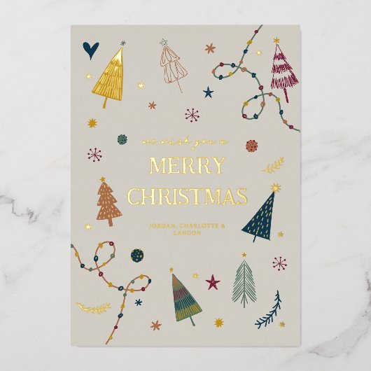 Carte Whimsical Boho Christmas Trees Gold (Recto)