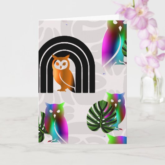 Carte Whimsical Boho Owl & Tropical Monstera Leaf (Orchidée)