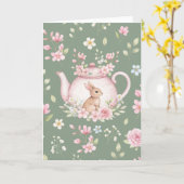 Carte Whimsical Bunny Green Teapot Floral Easter  (Fleur jaune)