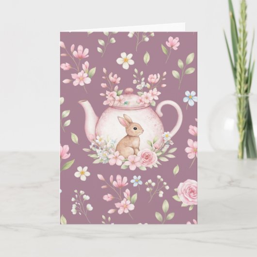 Carte Whimsical Bunny Pink Teapot Floral Easter (Devant)