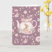 Carte Whimsical Bunny Pink Teapot Floral Easter (Fleur jaune)