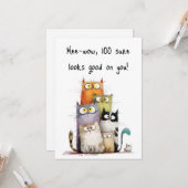 Carte Whimsical Cats with Big Eyes 100th Birthday Flat (Devant/Arrière en situation)