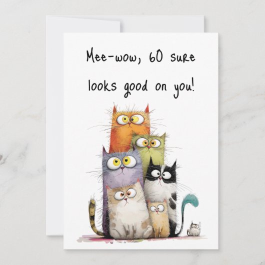 Carte Whimsical Cats with Big Eyes 60th Birthday Flat (Devant)