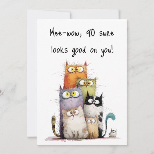 Carte Whimsical Cats with Big Eyes 90th Birthday Flat (Devant)