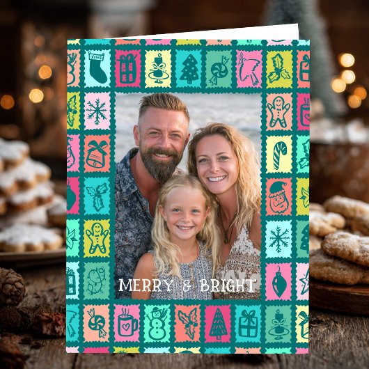 Carte Whimsical Christmas Grid Cute Custom PHOTO Message