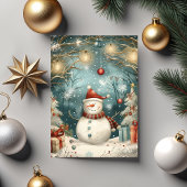 Carte Whimsical Christmas Snowman in Winter Forest