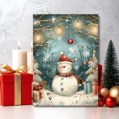 Carte Whimsical Christmas Snowman in Winter Forest