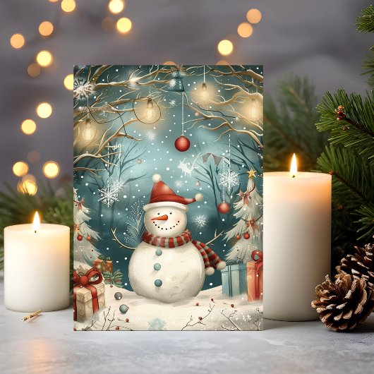 Carte Whimsical Christmas Snowman in Winter Forest