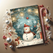 Carte Whimsical Christmas Snowman in Winter Forest