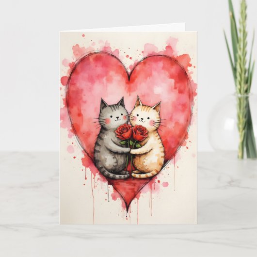 Carte Whimsical Cute Cats Valentine Hearts and Red Roses (Devant)