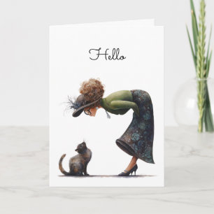 Carte Whimsical Cute Chat et dame Bonjour Salutation