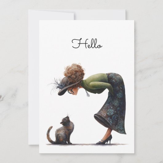 Carte Whimsical Cute Chat et la Dame Hello plat (Devant)