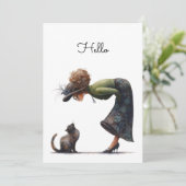 Carte Whimsical Cute Chat et la Dame Hello plat (Debout devant)