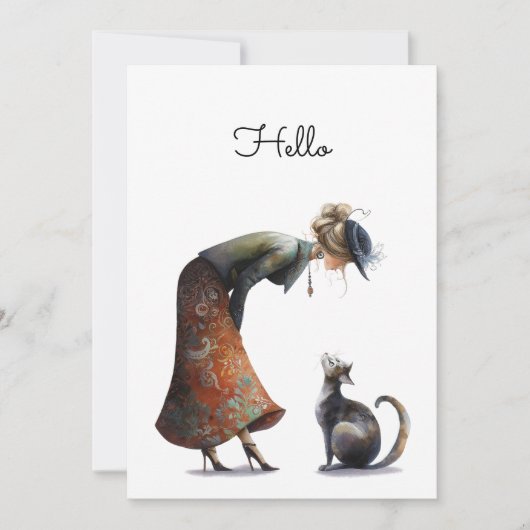 Carte Whimsical Cute Chat et la Dame Hello plat (Devant)