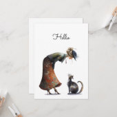 Carte Whimsical Cute Chat et la Dame Hello plat (Devant/Arrière en situation)