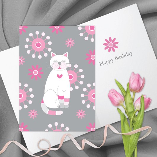 Carte Whimsical Cute White Chat Anniversaire
