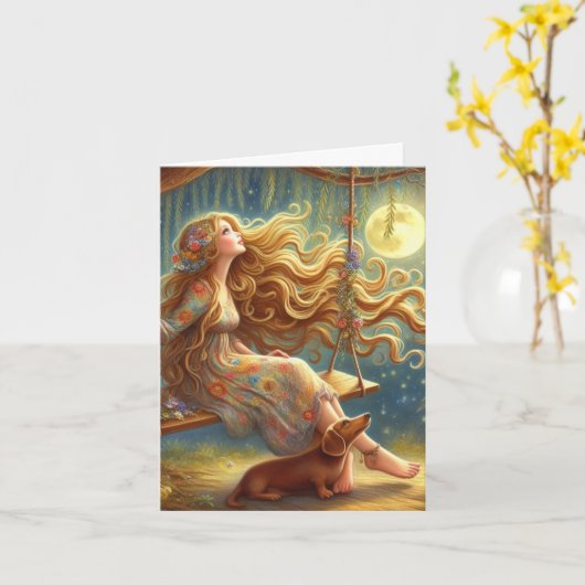 Carte Whimsical Dachshund and Girl Téléchargeable (Fleur jaune)