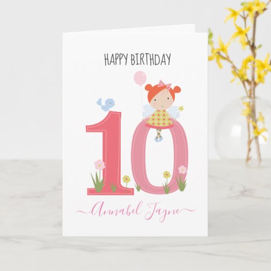 Carte Whimsical Dixième anniversaire fée rose mignon (Fleur jaune)