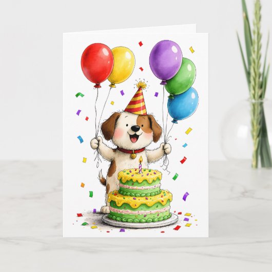 Carte Whimsical Dog Party Hat Cake Balloons Birthday (Devant)