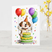 Carte Whimsical Dog Party Hat Cake Balloons Birthday (Fleur jaune)