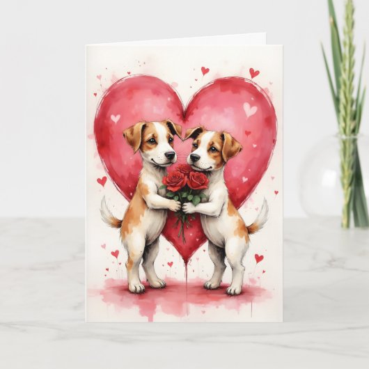 Carte Whimsical Dogs Valentine Hearts and Red Roses (Devant)